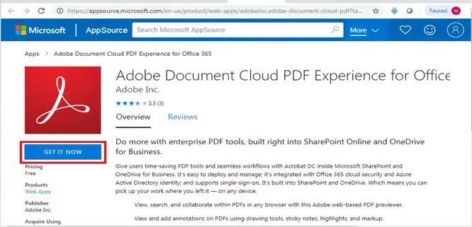 Edit PDF File in SharePoint Online, Adobe Document Cloud PDF Experience for Office 365