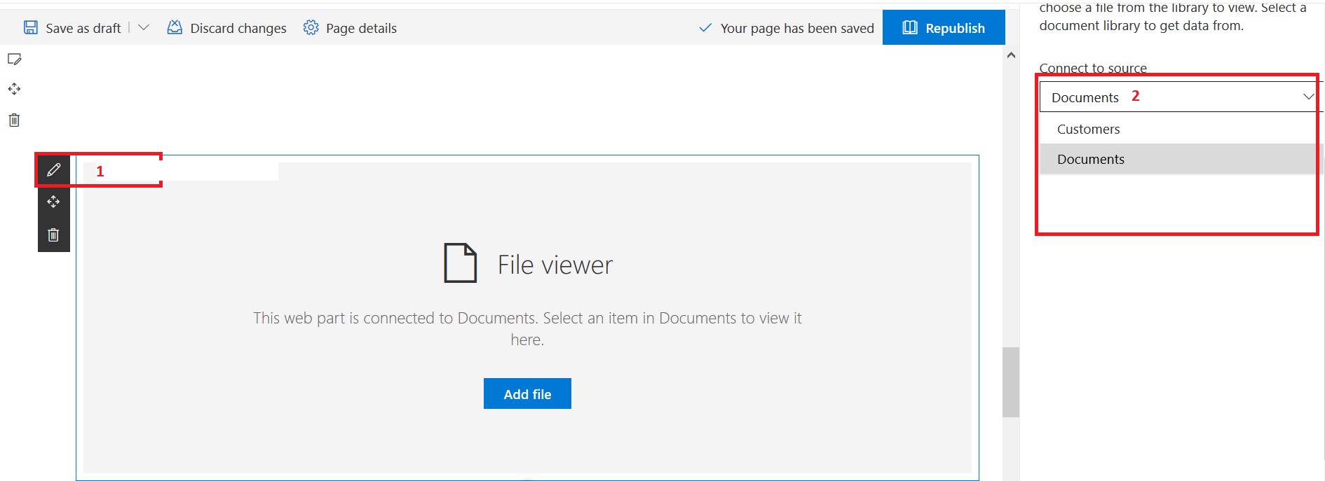 File viewer web part property to select “Documents” library from connect to source drop-down list