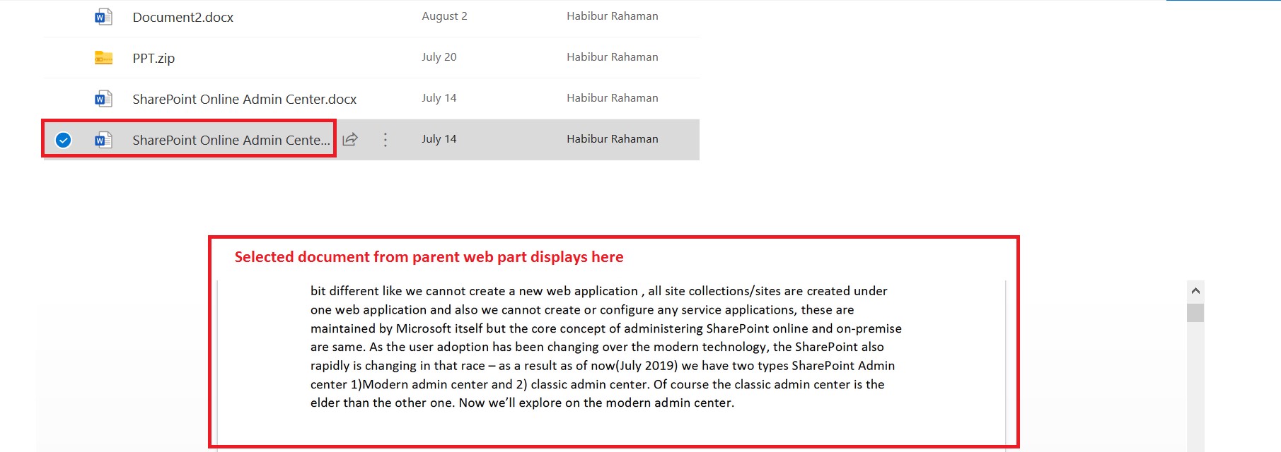 Display selected file from parent web part to child web part in SharePoint Online