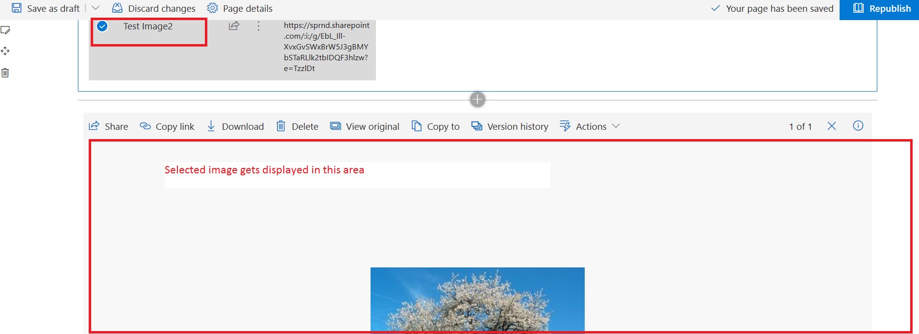 Display the selected image in SharePoint Online using the embed web part