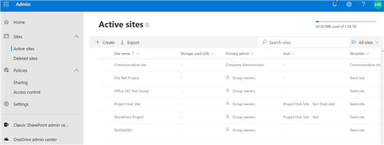 hub site in SharePoint Online - Active sites report in SharePoint Online Admin Center