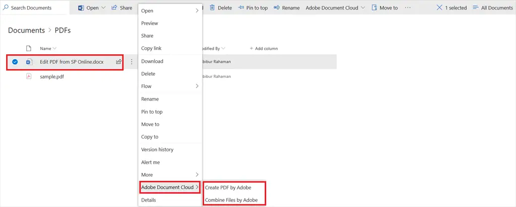 Adobe Document Cloud, Create PDF by Adobe in SharePoint Online, Edit PDF File in SharePoint Online