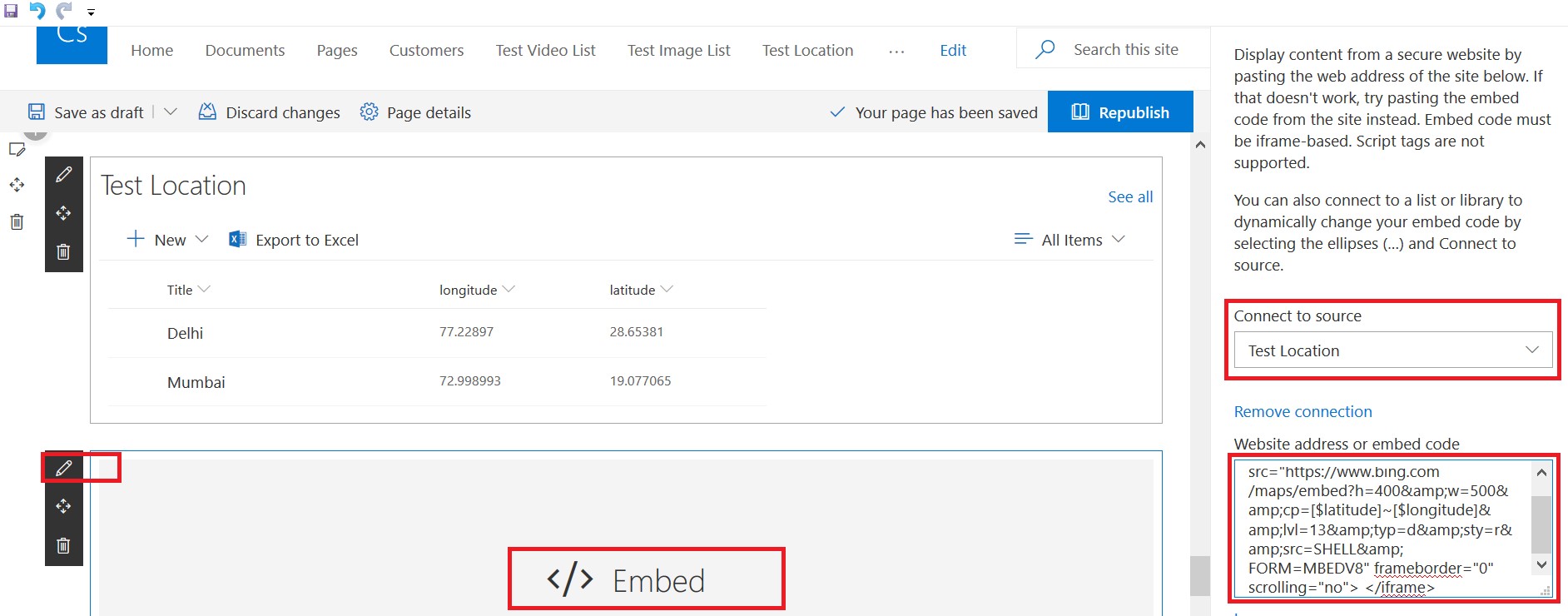Embed web part configuration to show selected location in SharePoint Online