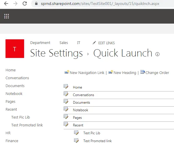 Quick launch settings SharePoint URL