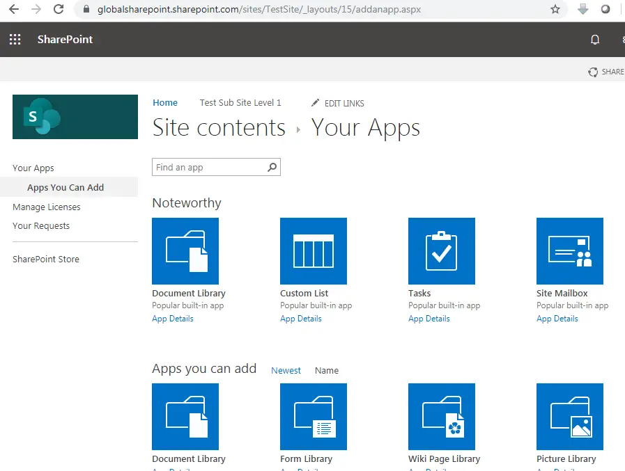 Your apps in SharePoint online URL