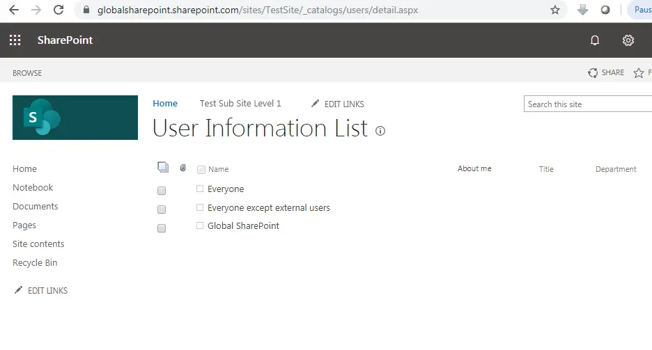 User information list in SharePoint online URL