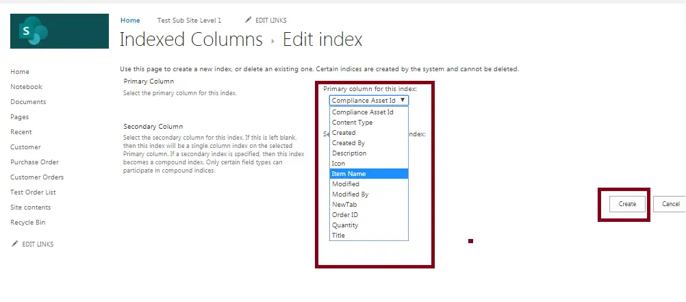 Create index column in SharePoint - Indexed columns