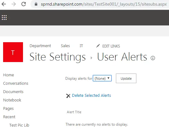 User alerts in SharePoint online URL