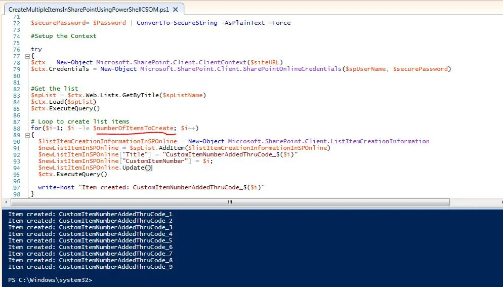 Create multiple items in a list using PowerShell script execution