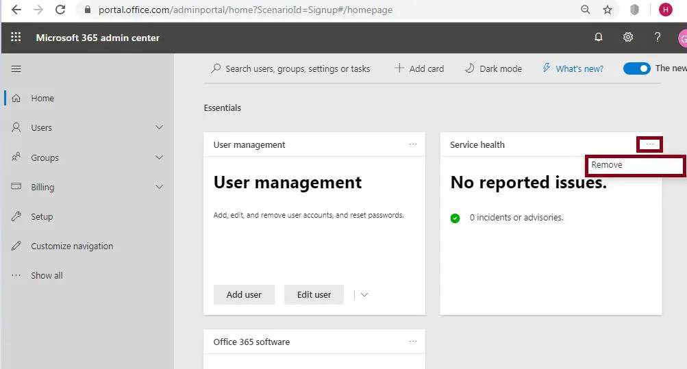 Service health remove - Microsoft 365 or Office 365 admin center