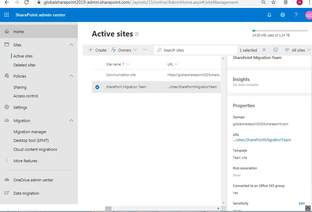 Microsoft Team site is in SharePoint admin center active sites dashboard