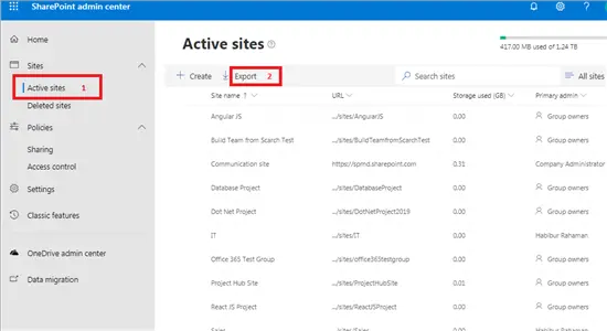 Export active sites to csv in SharePoint admin center - Office 365 - Microsoft 365 admin center