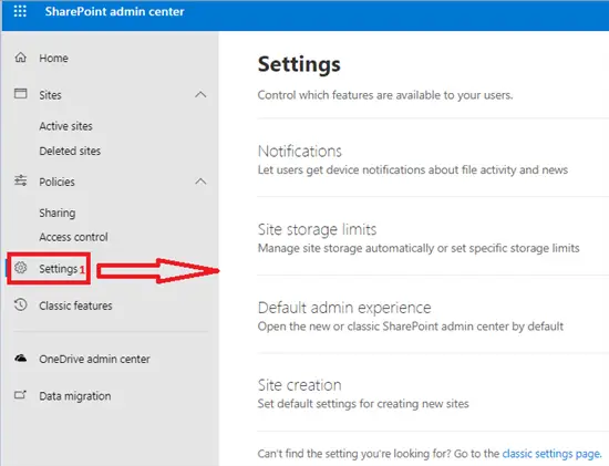 Centrally settings in SharePoint admin center
