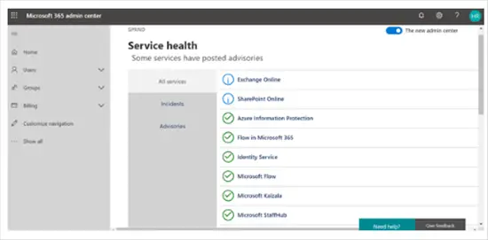 Service health center status in SharePoint admin center - Microsoft 365 admin center