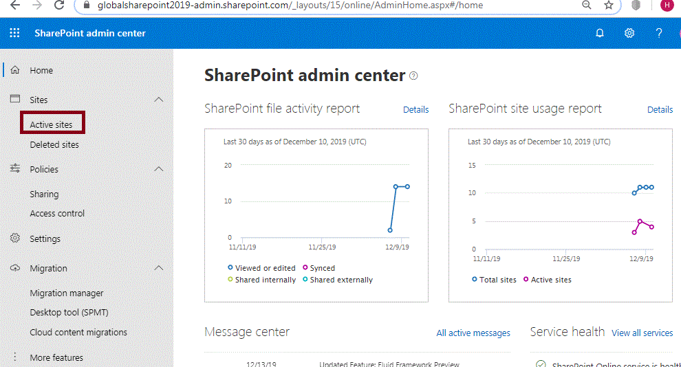 SharePoint Admin center in SharePoint online hub site association