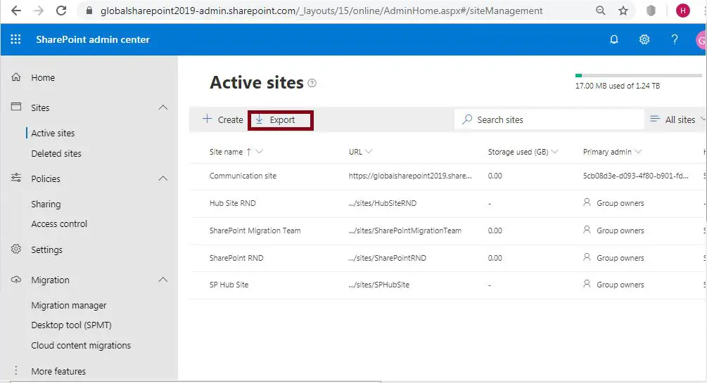 Export active sites to csv in SharePoint online hub site association