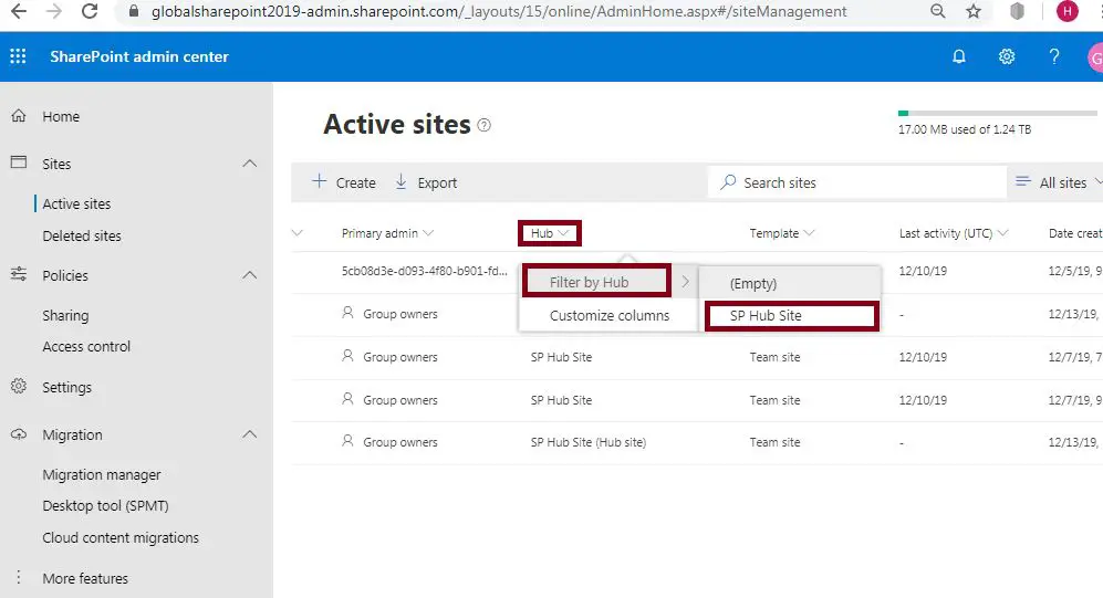 Active sites report in SharePoint online for hub site association
