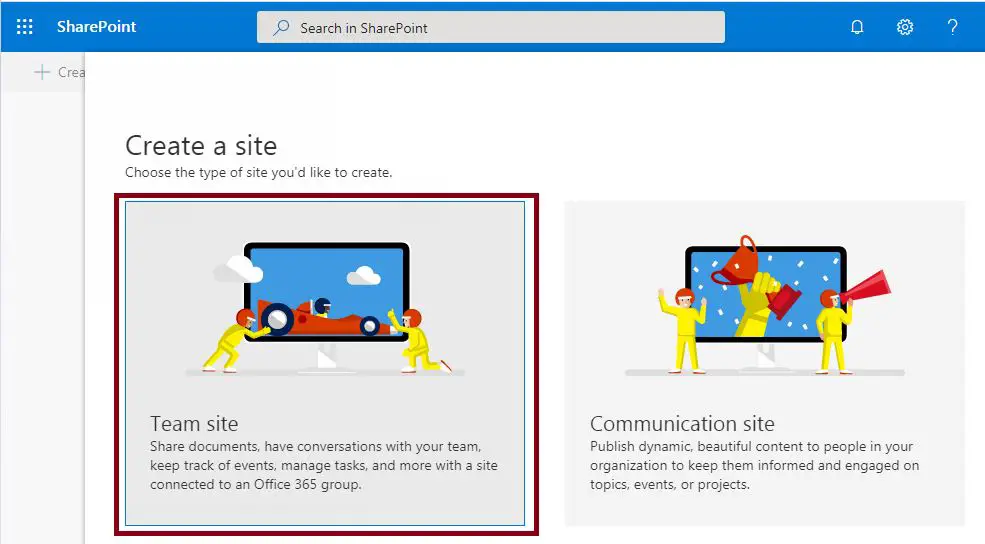 SharePoint online create site template selection : Create modern team site in SharePoint Online