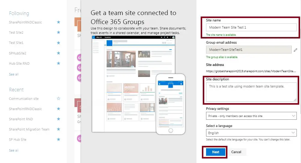 Site Name: Create modern team site in SharePoint Online