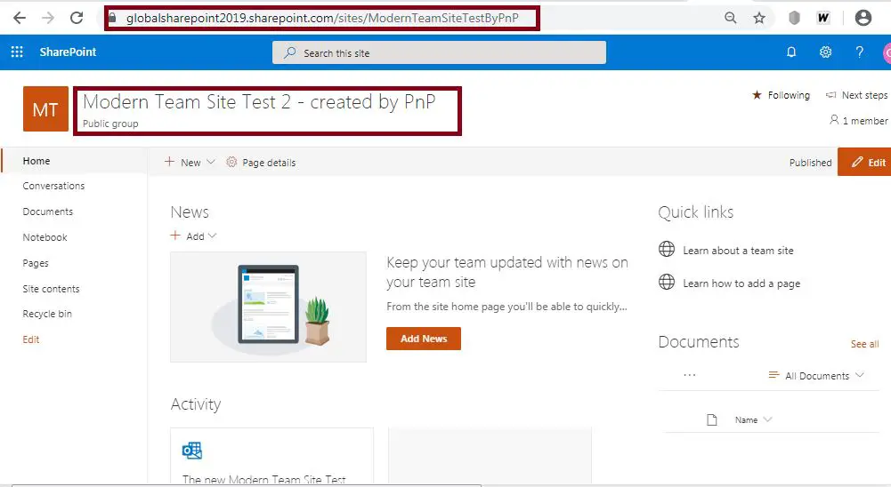 How to create modern team site in SharePoint online, modern site created by PnP: Create modern team site in SharePoint online using PnP PowerShell