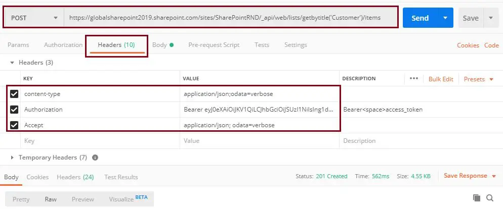 Add new item to SharePoint online list, POST: Sharepoint Api -create new item in the list using Postman