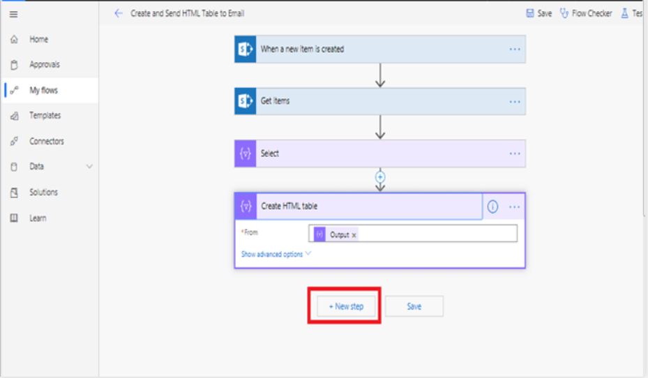 Create HTML table action – Select in Microsoft flow power automate +Next Step
