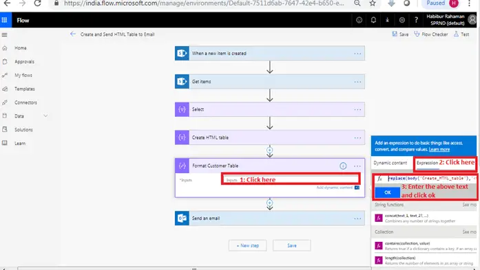 Format HTML table in outlook using Microsoft flow power automate -  Replace Body
