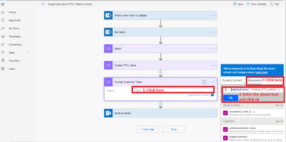 Format HTML table in outlook using Microsoft flow power automate –  Replace Body