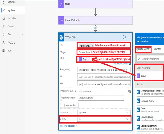 Send an email office 365 outlook configuration in Microsoft flow power automate