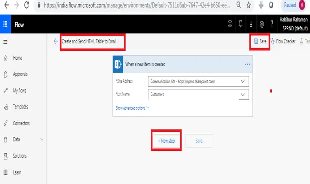 When a new item is added in SharePoint, complete a custom action continue - Site Address, List Name, +Next Step