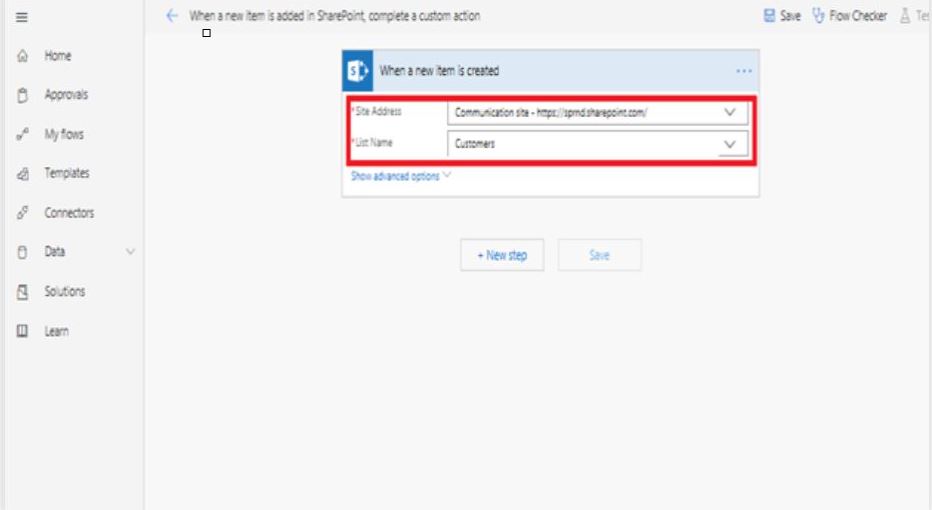 When a new item is added in SharePoint, complete a custom action continues – Site Address, List Name
