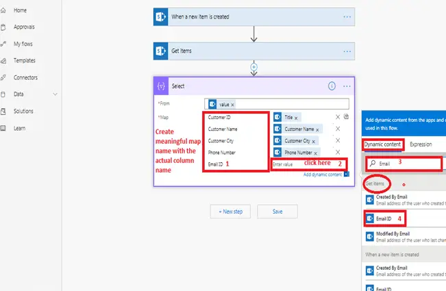 When a new item is created - Get Items in Microsoft Flow, Data Operations, Select Data Operations, Dynamic Content Mapping