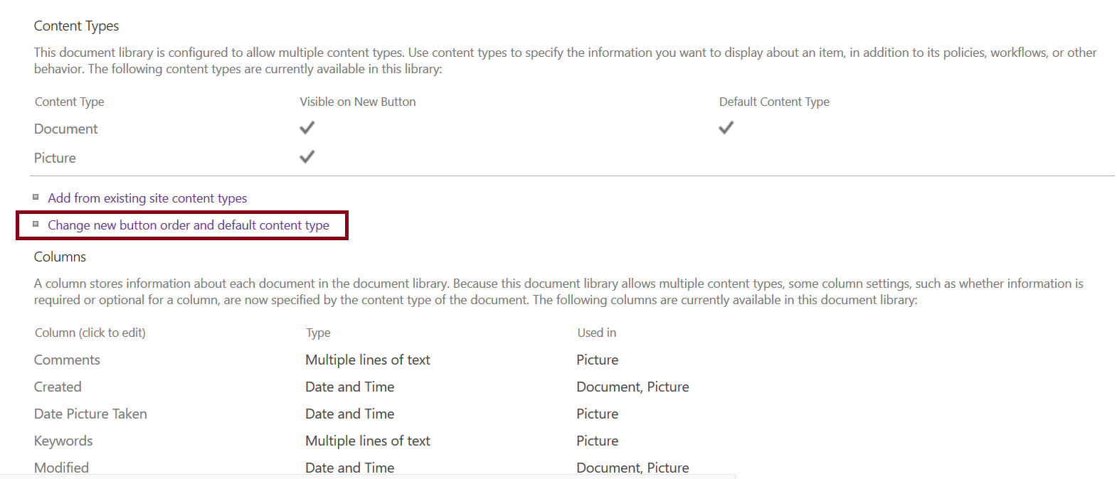 Change new button order and default content type - document library settings, add picture library to communication site