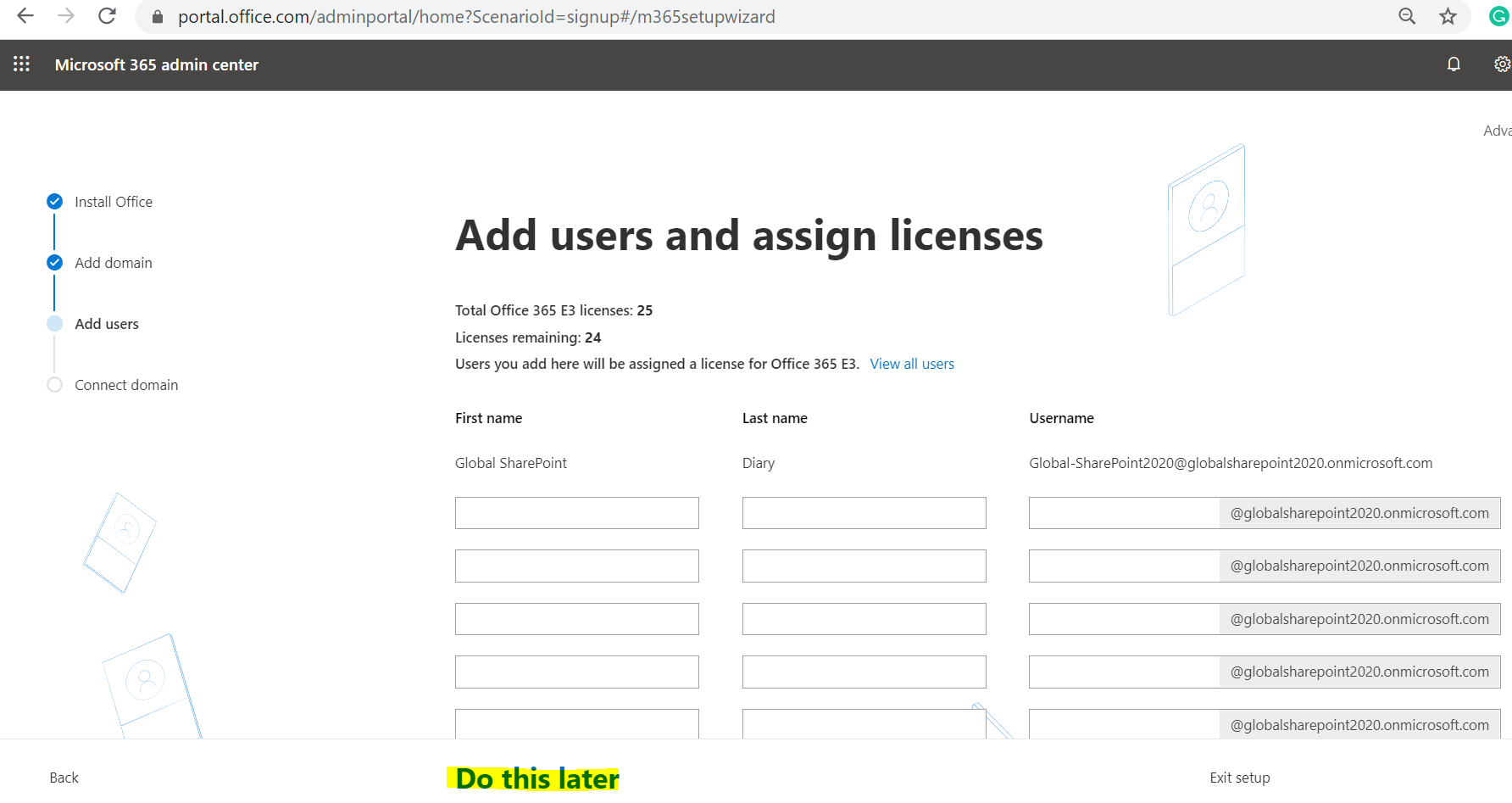 Office 365 E3 Trial - Microsoft 365 admin center home page - Add Users and Assign Licenses