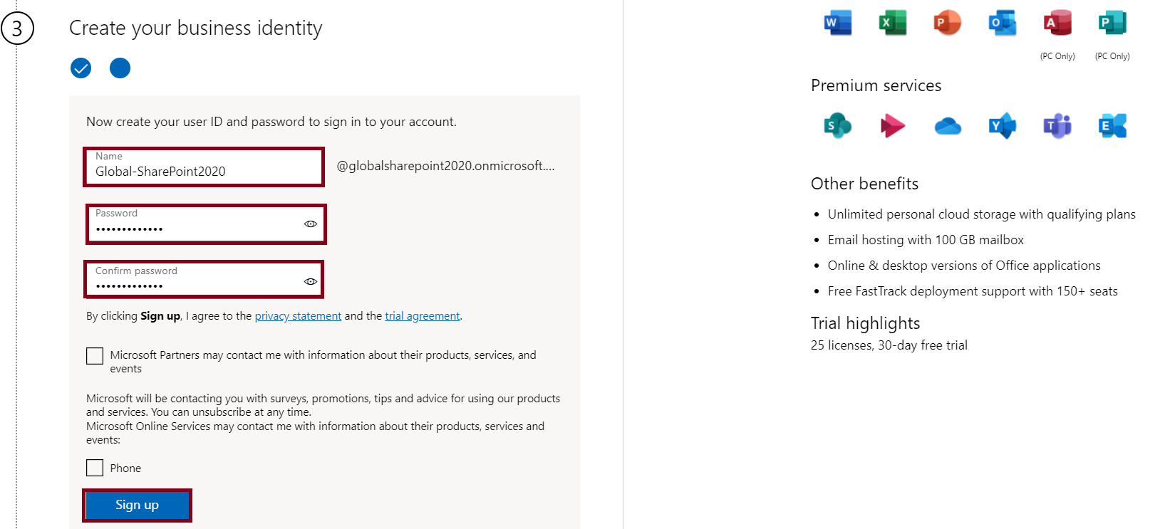 Office 365 E3 Trial - Set up account - Create your business Identity - User ID and Password