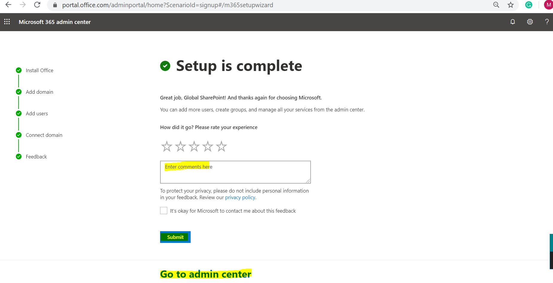 Office 365 E3 Trial -Setup is complete