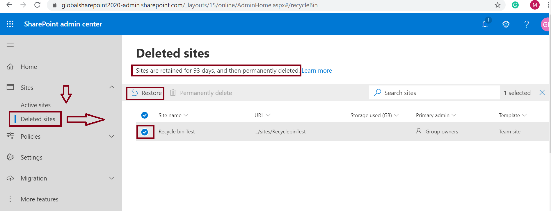 Manage recycle bin in SharePoint Online Office 365 Global