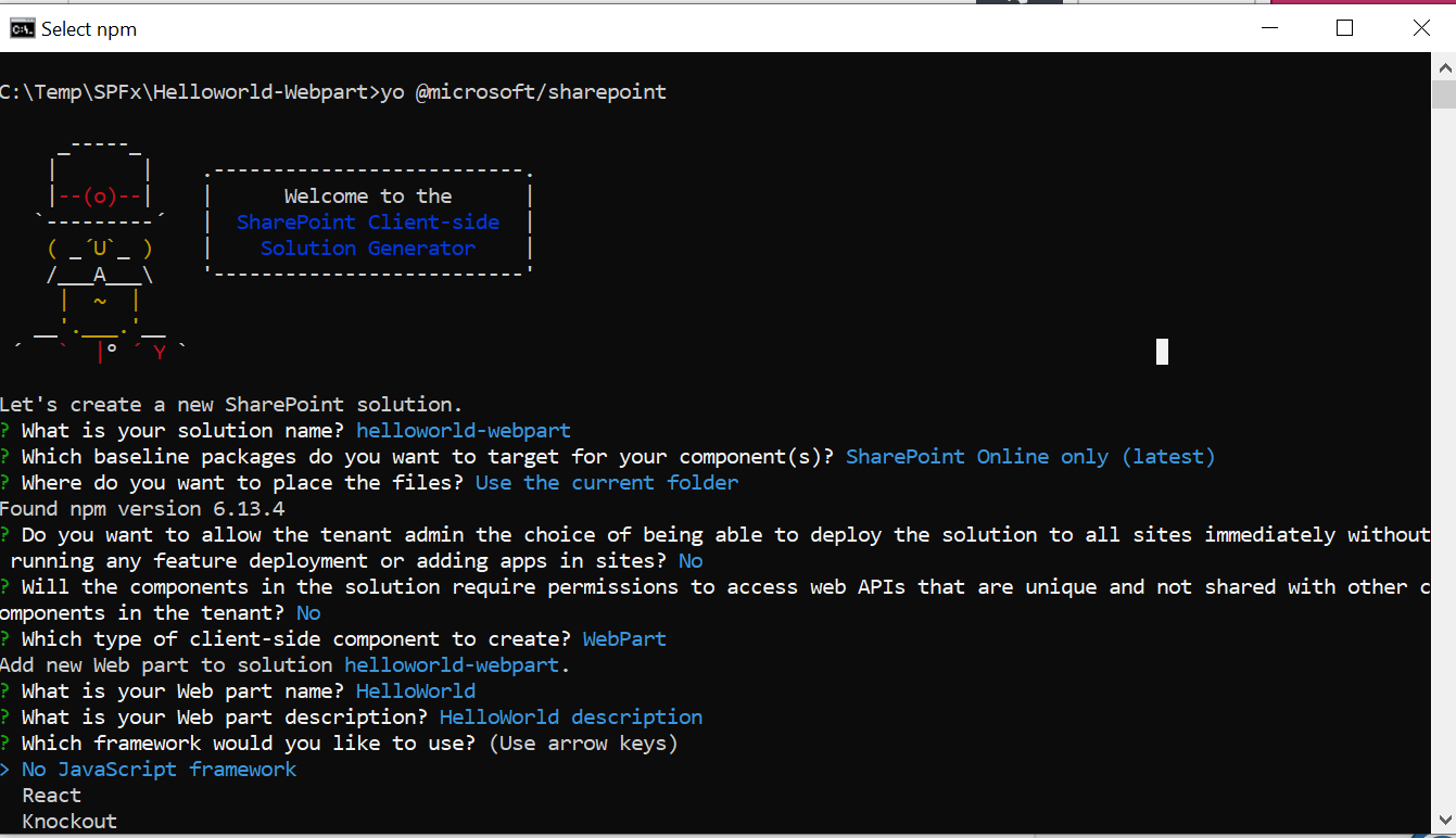 yo @microsoft/sharepoint - SPFX webpart project paramaters