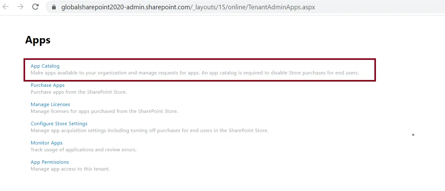 Apps page in SharePoint Online Admin Center