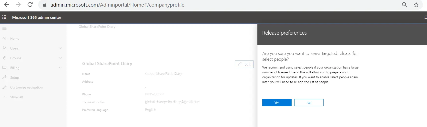 Release Preferences in Office 365 - Organization Profile - Everyone