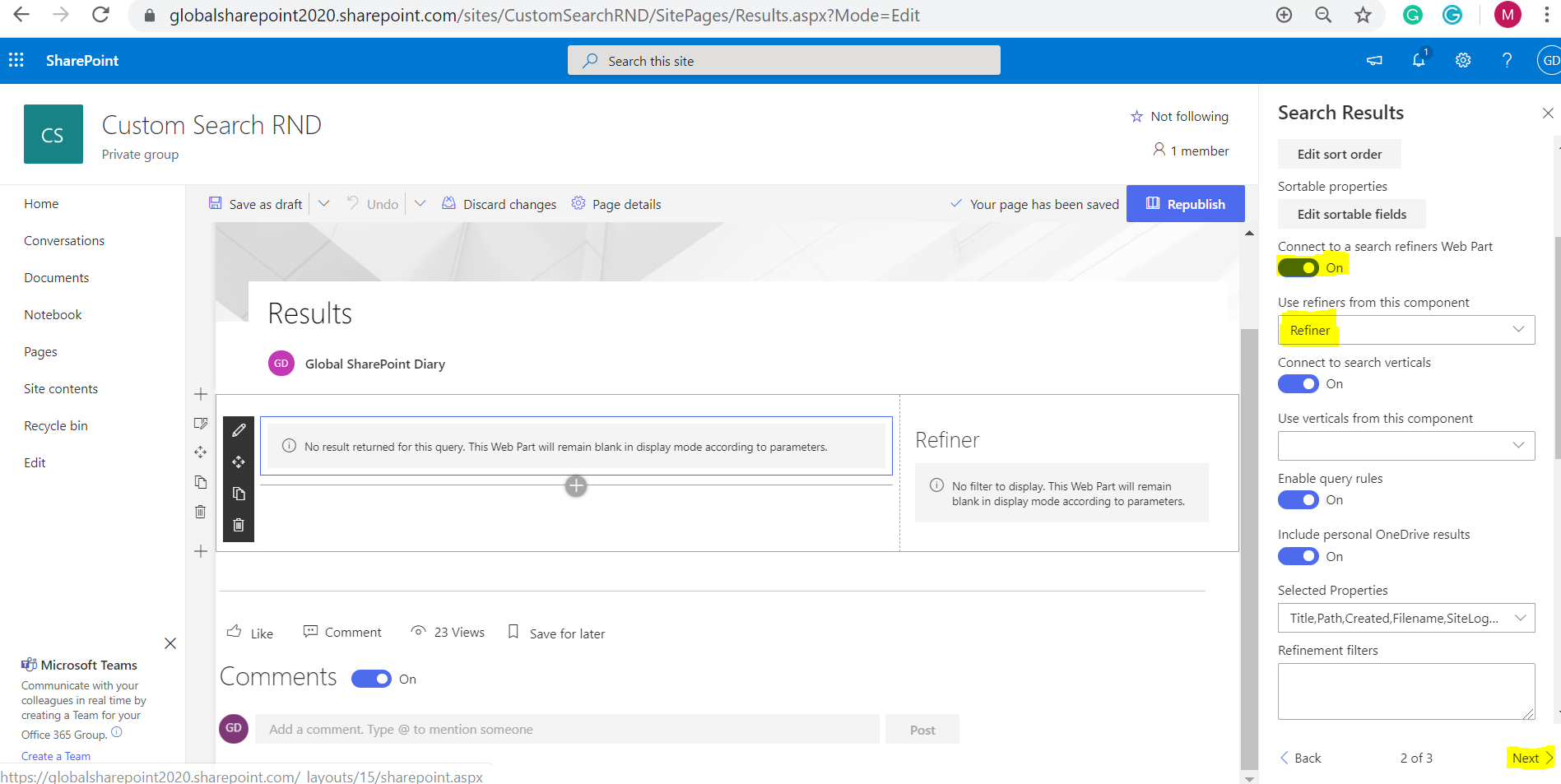 Search settings configuration in the modern search results web part