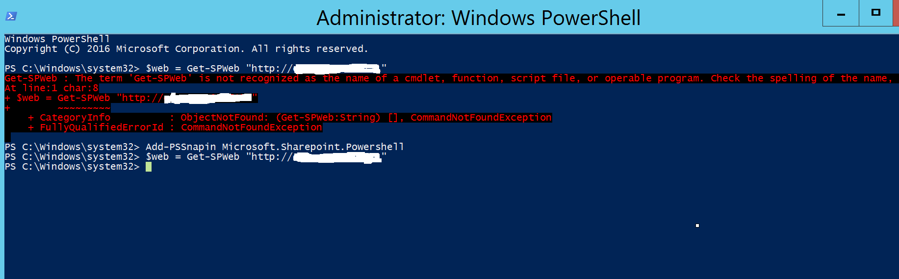The term 'Get-SPWeb' is not recognized as the name of a cmdlet, function