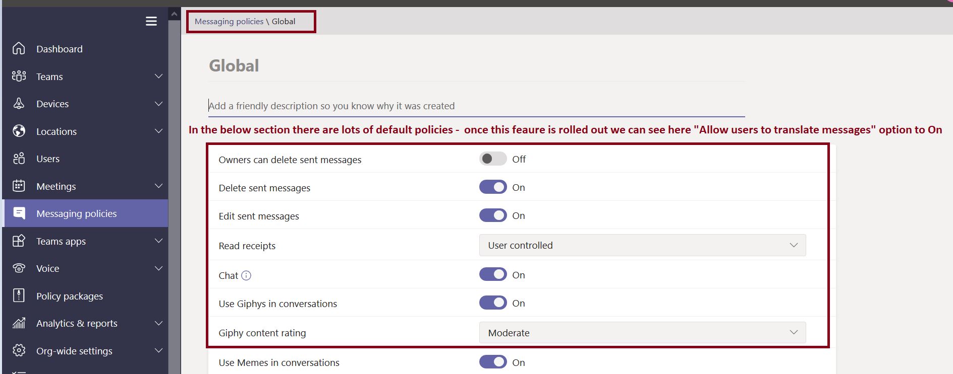 Allow users to translate messages option to on in Microsoft Teams admin center messaging policies