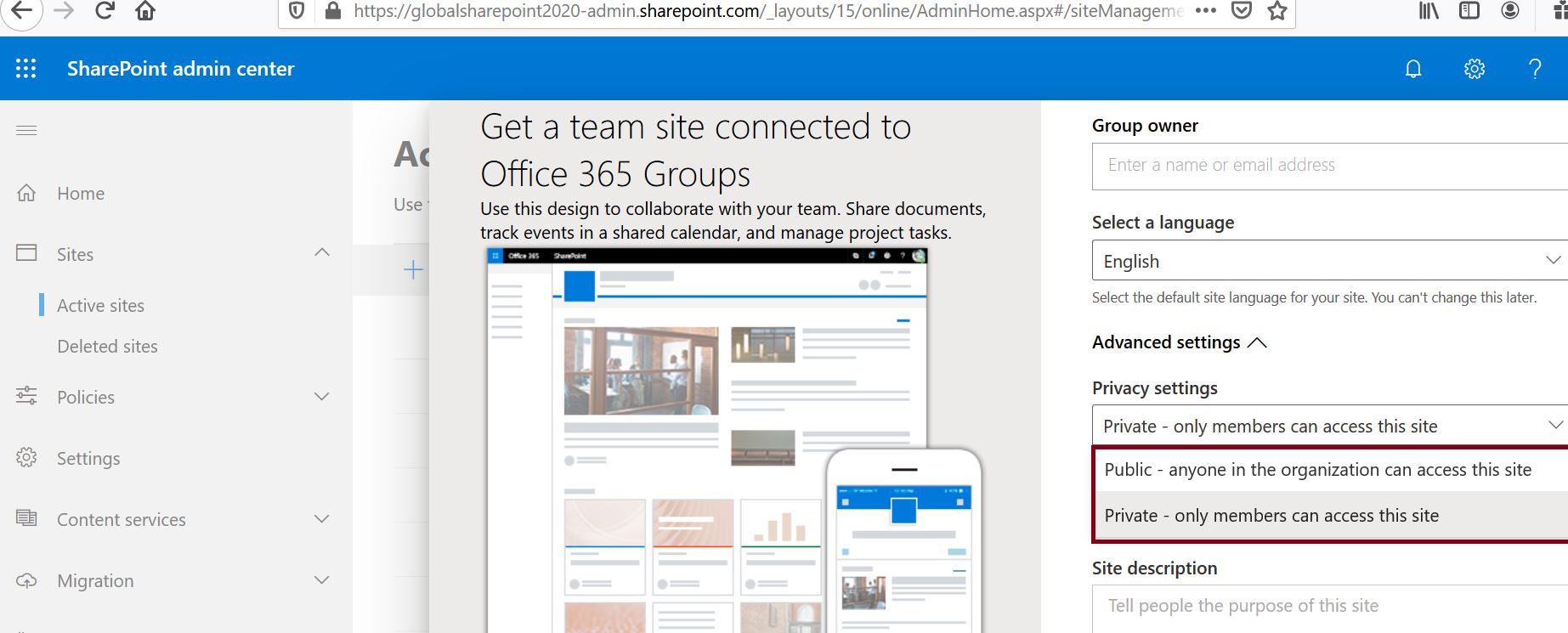 Get a team site connected to Office 365 Groups - Privacy settings