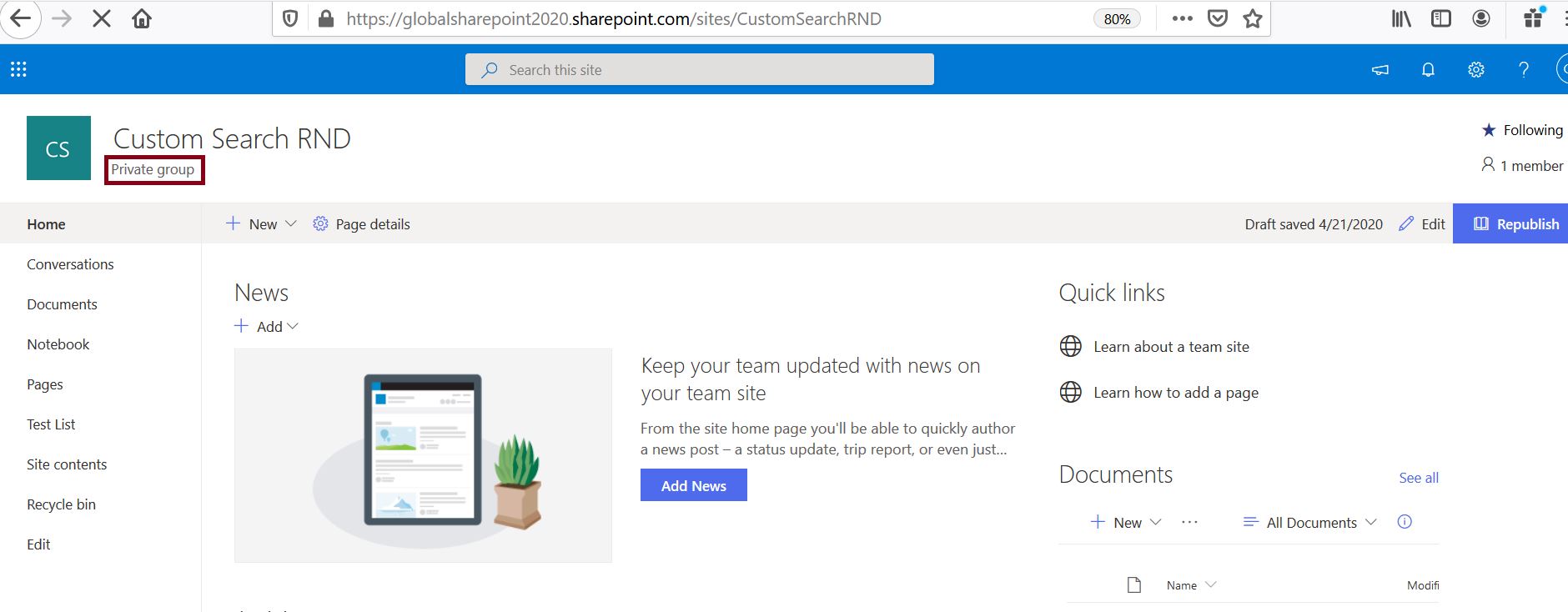 Private group tag in the modern SharePoint Online team site
