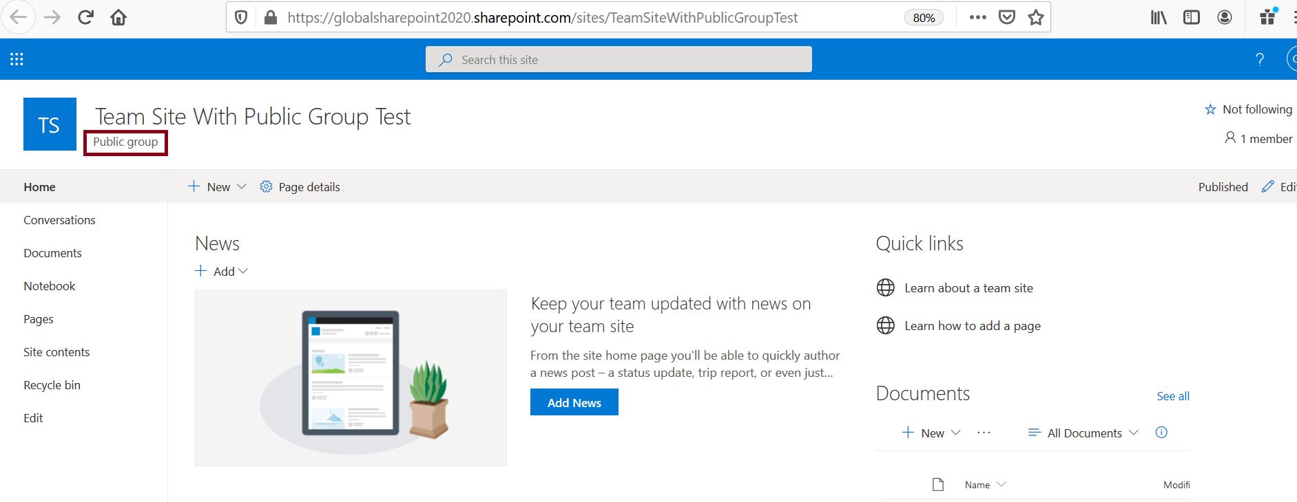 Public group tag in modern SharePoint Online team site