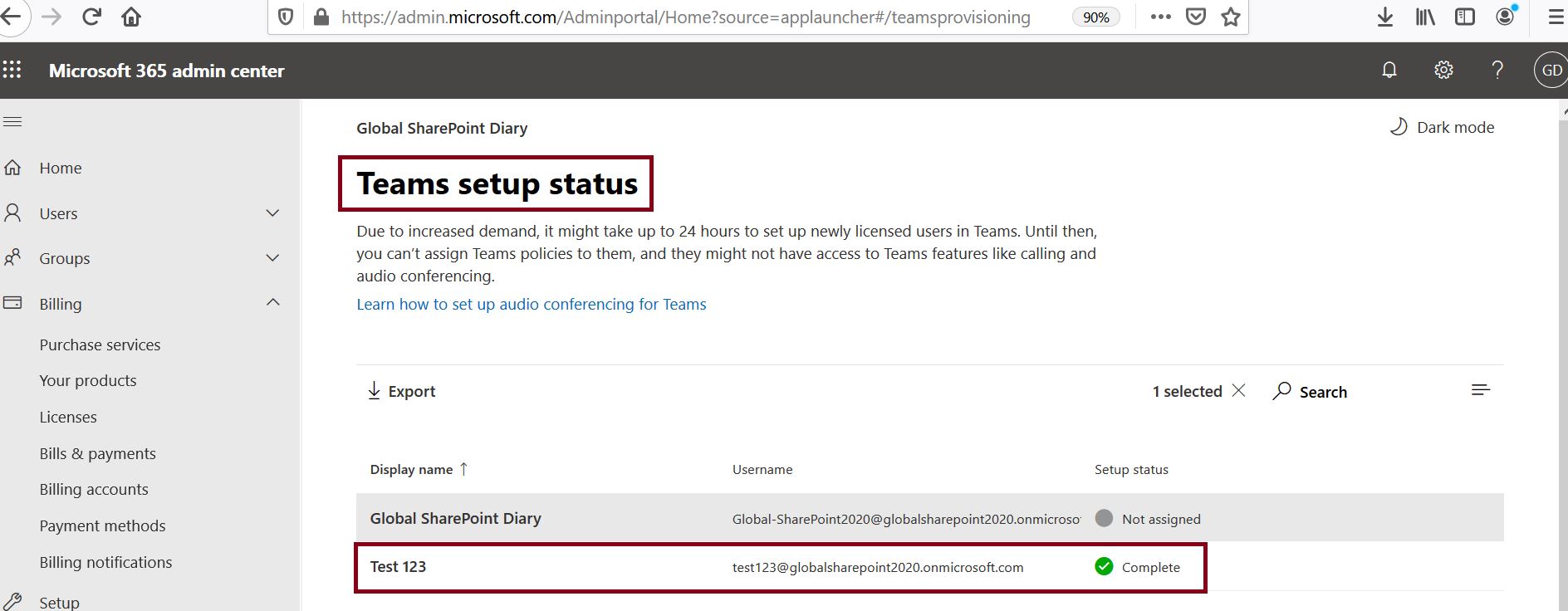 Teams‎ setup status in Microsoft 365 admin center