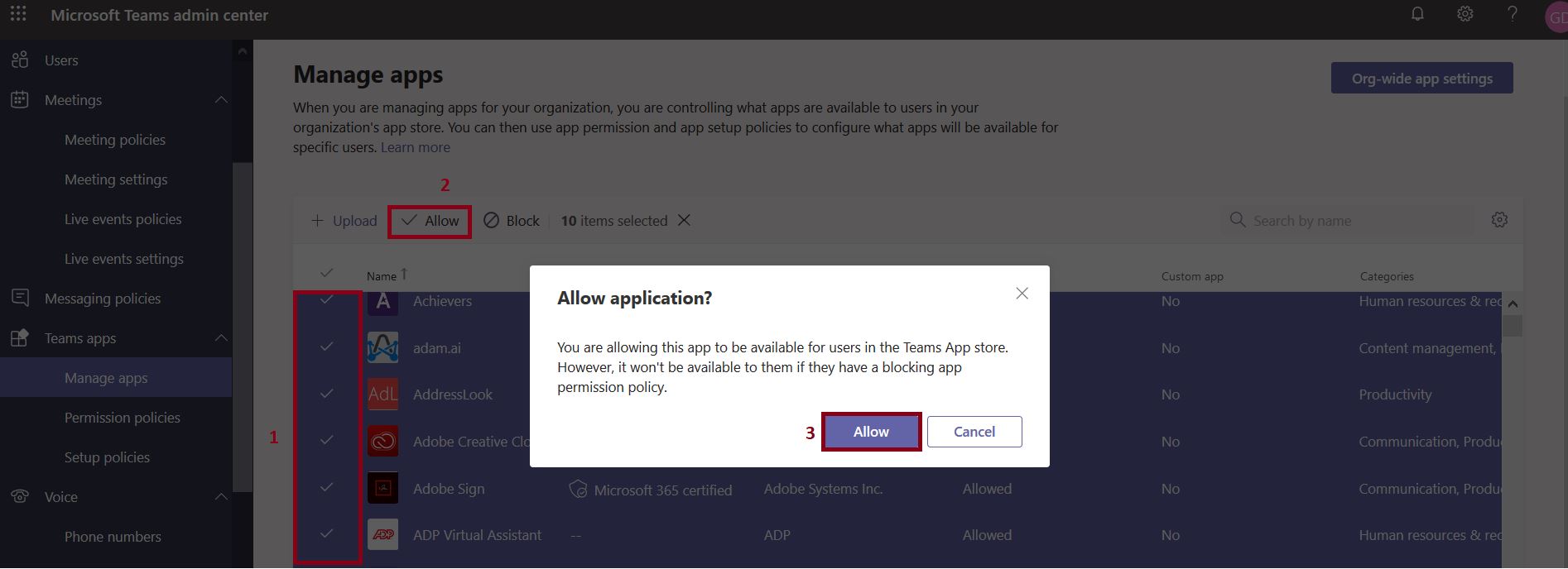 Manage apps in Microsoft Teams, how to allow the app to be available for users in the Teams App store?