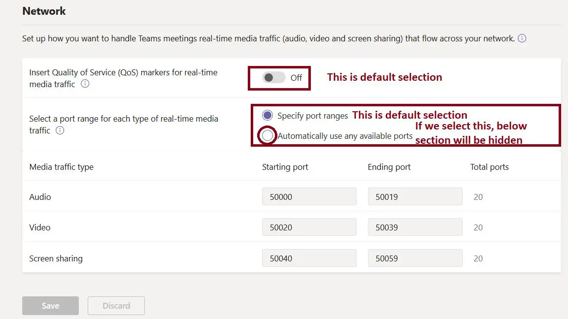 Network configuration in Teams meeting settings