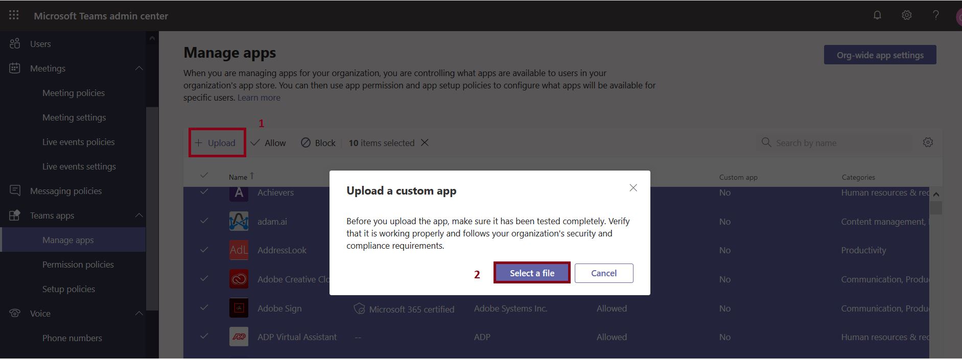 Upload a custom app in Microsoft Teams app catalog store